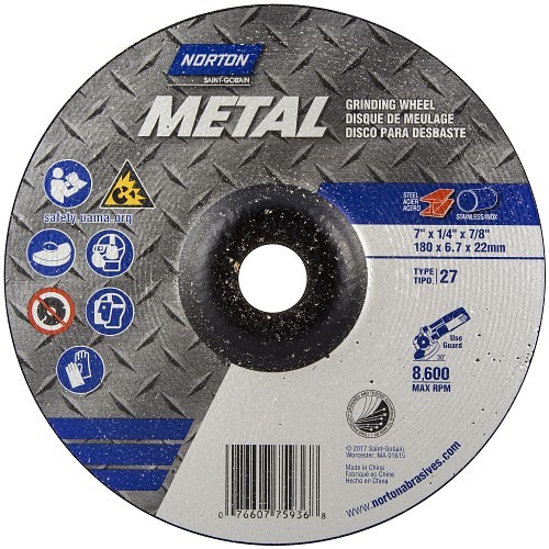 Norton Saint Gobain Norton® 66252836796 Grinding Wheel, 4-1/2 in Wheel Dia, 1/4 in Wheel Thickness, 7/8 in Center Hole, 24 Grit, Aluminum Oxide Abrasive