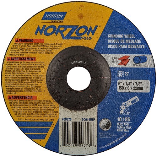 Norton Saint Gobain Norton® 66252843326 Grinding Wheel, 4-1/2 in Wheel Dia, 1/4 in Wheel Thickness, 24 Grit, Ceramic Alumina Abrasive