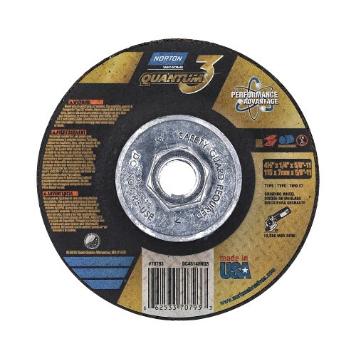 Norton Saint Gobain Norton® 66253370794 Grinding Wheel, 4-1/2 in Wheel Dia, 1/4 in Wheel Thickness, 7/8 in Center Hole, 24 Grit, Ceramic Alumina Abrasive