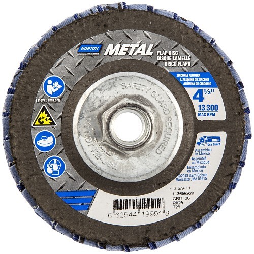 Norton Saint Gobain Norton® 66254419996 Flap Disc, 4-1/2 in Disc Dia, Coarse Grit, 60 Grade, Zirconia Alumina Abrasive, Conical Disc