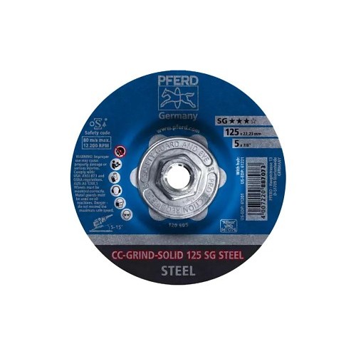 PFERD 61221 Disc Grinding Wheel, 5 in Wheel Dia, 1/8 in Wheel Thickness, 5/8-11 Center Hole, 24 Grit, Very Coarse Grade, Ceramic Abrasive