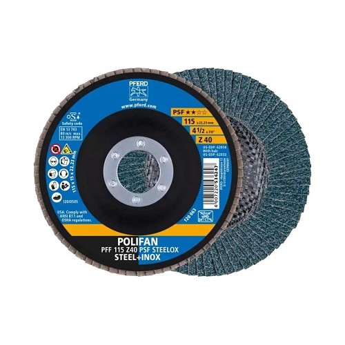 PFERD 62014 Coated Abrasive Flap Disc, 4-1/2 in Disc Dia, 7/8 in Center Hole, 40 Grit, Coarse Grade, Zirconia Alumina Abrasive, Type 27 PFF Flat Disc