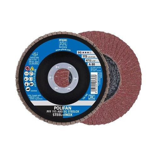 PFERD 62154 Coated Abrasive Flap Disc, 4-1/2 in Disc Dia, 7/8 in Center Hole, 80 Grit, Medium Grade, Aluminum Oxide Abrasive, Type 27 PFF Flat Disc