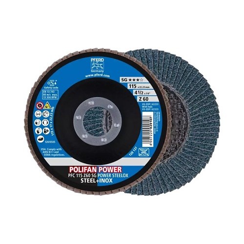 PFERD 62223 Coated Abrasive Flap Disc, 4-1/2 in Disc Dia, 7/8 in Center Hole, 60 Grit, Coarse Grade, Zirconia Alumina Abrasive, Type 29 PFC Conical Disc