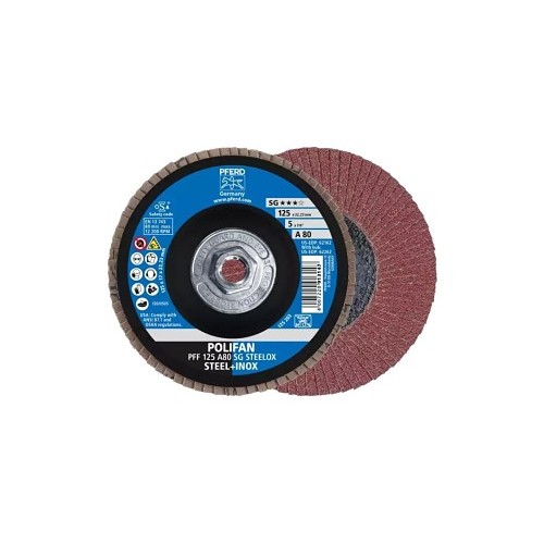 PFERD 62262 Coated Abrasive Flap Disc, 5 in Disc Dia, 5/8-11 in Center Hole, 80 Grit, Medium Grade, Aluminum Oxide Abrasive, Type 27 PFF Flat Disc