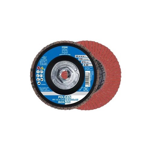 PFERD 62373 Coated Abrasive Flap Disc, 4-1/2 in Disc Dia, 5/8-11 in Center Hole, 40 Grit, Coarse Grade, Aluminum Oxide Abrasive, Type 27 PFF Flat Disc