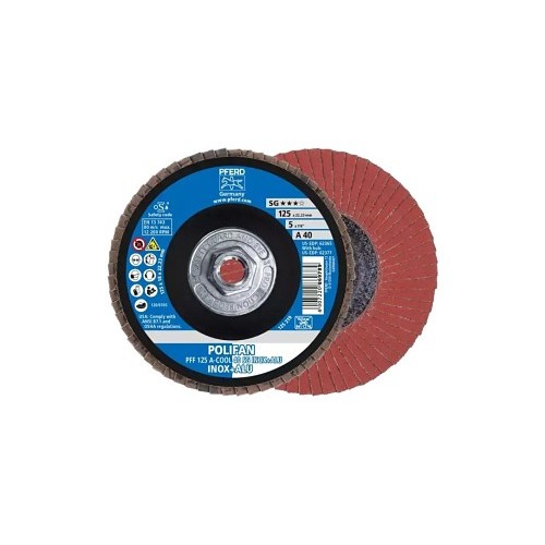 PFERD 62377 Coated Abrasive Flap Disc, 5 in Disc Dia, 5/8-11 in Center Hole, 40 Grit, Coarse Grade, Aluminum Oxide Abrasive, Type 27 PFF Flat Disc