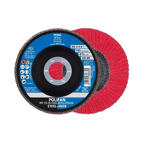 PFERD 62597 Coated Abrasive Flap Disc, 4-1/2 in Disc Dia, 7/8 in Center Hole, 40 Grit, Coarse Grade, Ceramic Oxide Abrasive, Type 27 PFC Flat Disc