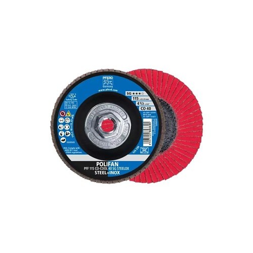 PFERD 62621 Coated Abrasive Flap Disc, 4-1/2 in Disc Dia, 5/8-11 in Center Hole, 40 Grit, Coarse Grade, Ceramic Oxide Abrasive, Type 27 PFC Flat Disc