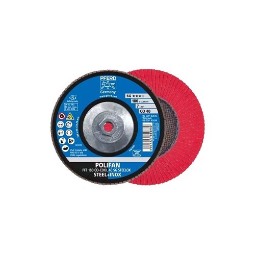 PFERD 62639 Coated Abrasive Flap Disc, 7 in Disc Dia, 5/8-11 in Center Hole, 40 Grit, Coarse Grade, Ceramic Oxide Abrasive, Type 27 PFC Flat Disc