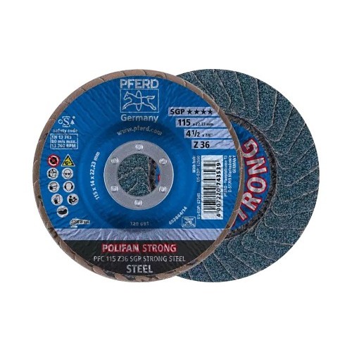 PFERD 62945 Coated Abrasive Flap Disc, 4-1/2 in Disc Dia, 7/8 in Center Hole, 36 Grit, Coarse Grade, Zirconia Alumina Abrasive, Type 29 PFC Conical Disc