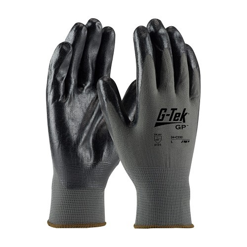PIP® 34-C232/XS Chemical Resistant Gloves, X-Small, #7, Ergonomic Hand, Nylon, Black/Gray, Nylon, 8-1/2 in Length, Resists: Abrasion, Knit Wrist Cuff, 13 mil Thickness, Sandy