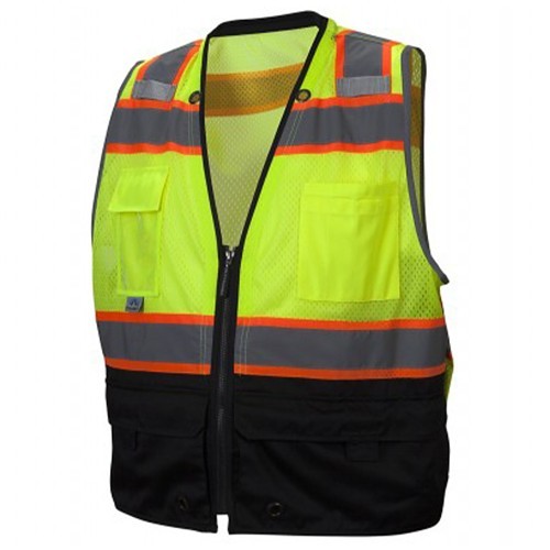 Pyramex® RVZ4410B Surveyor Safety Vest, Medium, Orange, Half Mesh/Half Solid, Zipper Closure, 8 Pockets, ANSI Class: Type R Class 2, ANSI/ISEA 107-2015 Type R