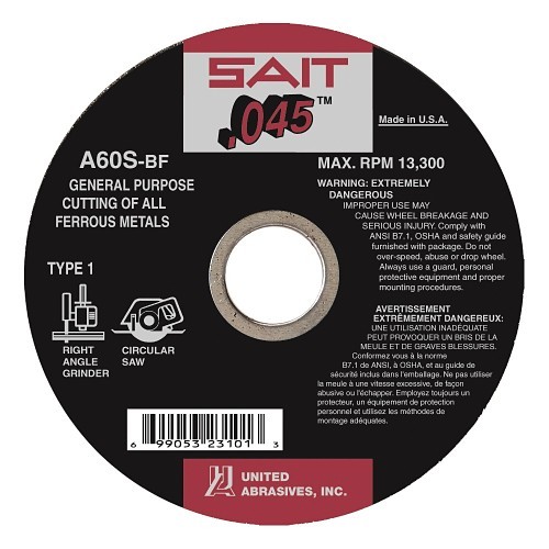 SAIT® 23105 Thin High Speed Cut-Off Wheel, 6 in Dia x 0.045 in THK, 5/8 in Center Hole, A60S Grit, Aluminum Oxide Abrasive