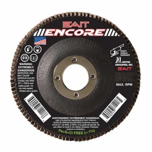 SAIT® Encore 71208 Close High Performance Regular Density Coated Abrasive Flap Disc, 4-1/2 in Dia, 7/8 in Center Hole, 60 Grit, Medium Grade, Zirconia Alumina Abrasive, Type 27 Flat Disc
