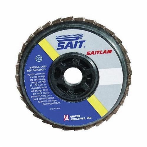 SAIT® Saitlam™ 73360 Close High Performance Coated Abrasive Flap Disc, 4-1/2 in Dia, 7/8 in Center Hole, 60 Grit, Coarse Grade, 3A Aluminum Oxide Abrasive, Type 27 Flat Disc