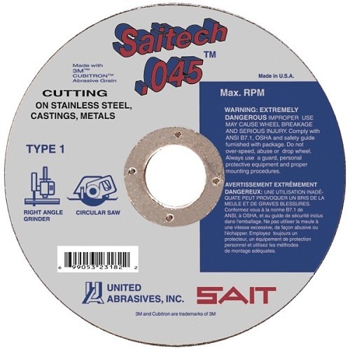 Saitech™ 23182 High Performance Thin High Speed Cut-Off Wheel, 6 in Dia x 0.045 in THK, 7/8 in Center Hole, 36 Grit, Ceramic Alumina Oxide Abrasive
