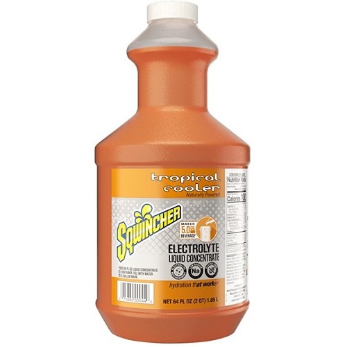 Sqwincher® 159030329, Tropical Cooler Flavor Sports Drink Mix, 64 oz, Bottle, 5 gal Yield, Liquid Concentrate