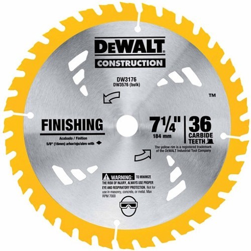 Stanley® Black & Decker DeWALT® DW3176 Circular Saw Blade, 7-1/4 in Dia, 0.045 in Thickness, 5/8 in Arbor, Steel Blade, 36 Teeth