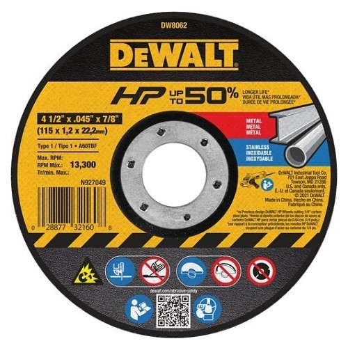 Stanley® Black & Decker DeWALT® DW8062 Cutting Wheel, 4-1/2 in Wheel Dia, 0.045 in Wheel Thickness, 7/8 in Center Hole, 60 Grit, Aluminum Oxide Abrasive