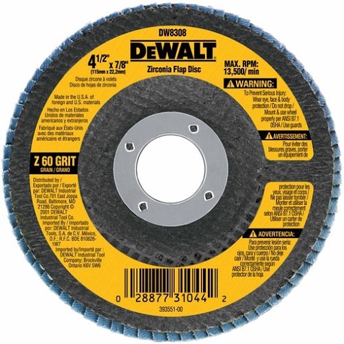 Stanley® Black & Decker Stanley® DW8308 Flap Disc, 4-1/2 in Disc Dia, 7/8 in Center Hole, 60 Grit, Coarse Grade, Zirconia Alumina Abrasive, Contaminant-Free Disc