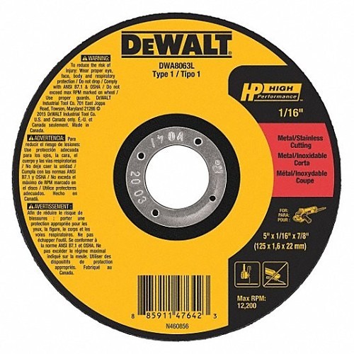 Stanley® Black & Decker DeWALT® DWA8063L Cut-Off Wheel, 5 in Wheel Dia, 0.0625 in Wheel Thickness, 7/8 in Center Hole, Ceramic Abrasive