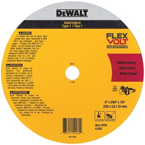 Stanley® Black & Decker Flexvolt® DWAFV8918 Cut-Off Wheel, 9 in Wheel Dia, 0.0781 in Wheel Thickness, 7/8 in Center Hole, 60 Grit, Ceramic Abrasive