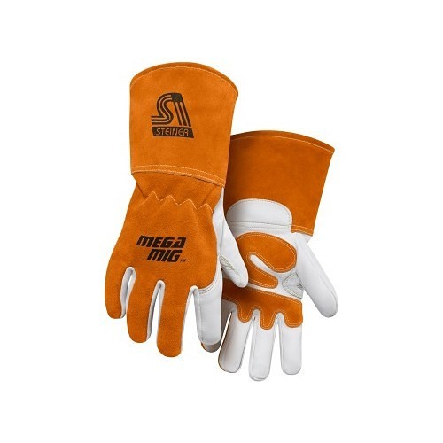 Steiner® 0215L Welding Gloves, Large, #9, Split Cowhide Back, Tan/Rust, Cotton, Gauntlet Cuff, 12 in Length, Left and Right