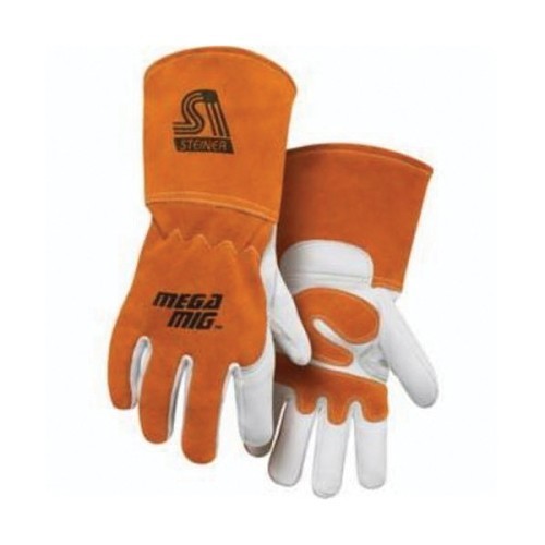 Steiner® MegaMIG™ 0215-L 215 Series MIG Welding Gloves, Large, #9, Premium Grain Heavyweight Goat Skin Leather/Kevlar® Stitching, Rust/Tan, Cotton Fleece Lining, Gauntlet Cuff, 12 in L
