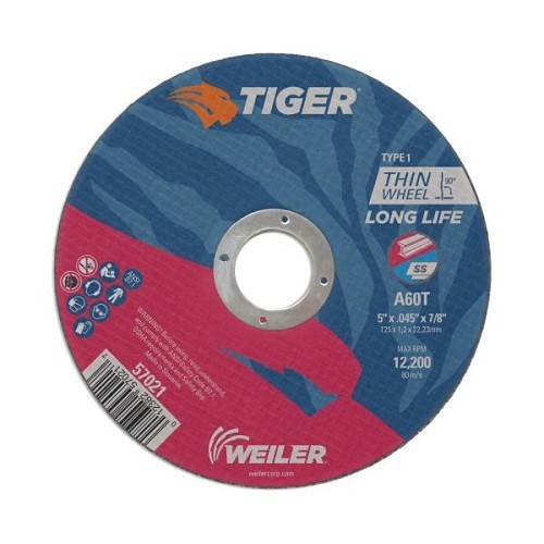 Tiger® 57021 Flat Long Life Performance Line Reinforced Small Thin Cut-Off Wheel, 5 in Dia x 0.045 in THK, 7/8 in Center Hole, A60T Grit, Premium Aluminum Oxide Abrasive