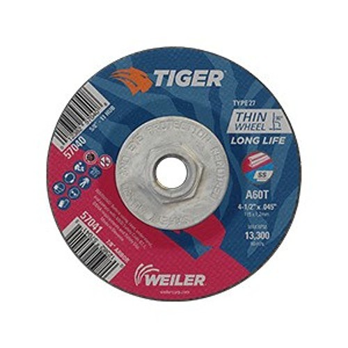 Tiger® 57040 Long Life Performance Line Thin Depressed Center Cutting Wheel, 4-1/2 in Dia x 0.045 in THK, 60 Grit, Premium Aluminum Oxide Abrasive