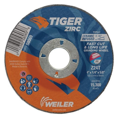 Tiger® 58069 High Performance Grinding Wheel, 4 in Dia x 1/4 in THK, 5/8-11 UNC Center Hole, 24 Grit, Aluminum Oxide Abrasive
