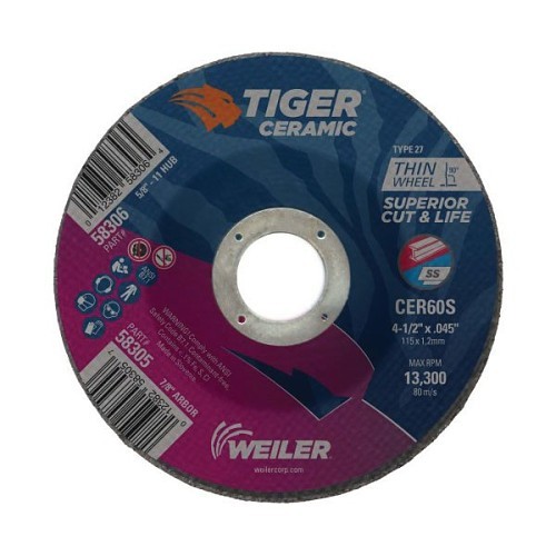 Tiger® 58305 Performance Line Superior Life and Cut Depressed Center Cutting Wheel, 4-1/2 in Dia x 0.045 in THK, 7/8 in Center Hole, 60 Grit, Ceramic Alumina Abrasive