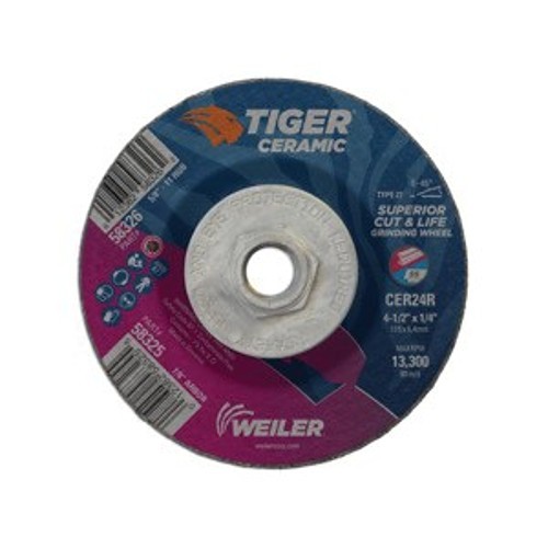 Tiger® 58326 Performance Line Superior Life and Cut Depressed Center Grinding Wheel, 4-1/2 in Dia x 1/4 in THK, 24 Grit, Ceramic Alumina Abrasive
