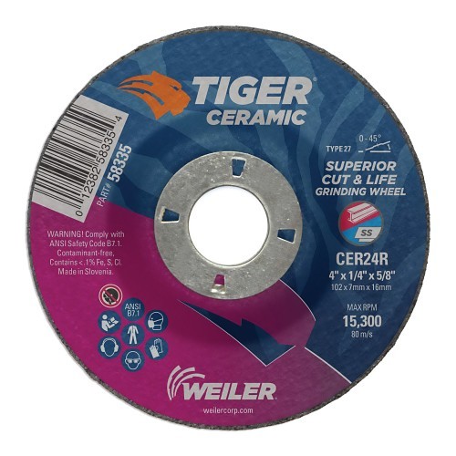 Tiger® 58335 Maximum Performance Grinding Wheel, 4 in Dia x 1/4 in THK, 5/8-11 UNC Center Hole, 24 Grit, Ceramic Abrasive