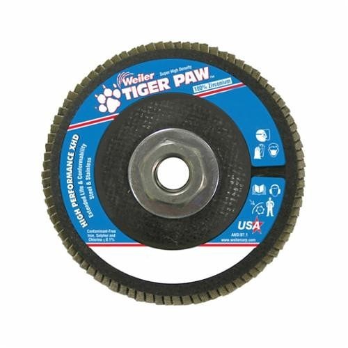 Tiger Paw™ 51166 Super High Density High Performance Coated Abrasive Flap Disc, 4-1/2 in Dia Disc, 60 Grit, Medium Grade, Zirconia Alumina Abrasive, Type 27 Flat Disc