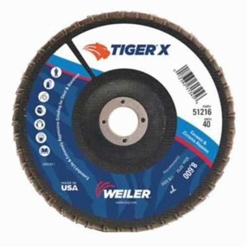 Tiger® X 51206 Standard Density Coated Abrasive Flap Disc, 4-1/2 in Dia Disc, 60 Grit, Medium Grade, Zirconia Alumina/Ceramic Alumina Abrasive, Type 29/Angled Disc