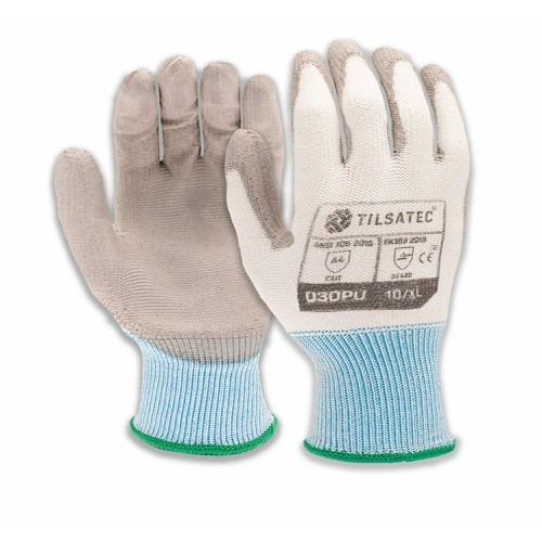 Tilsatec® TTP030PUM Cut Resistant Gloves, Medium, Polyurethane Coating, RhinoYarn, Knit Wrist Cuff, ANSI Cut-Resistance Level: A4, ANSI Puncture-Resistance Level: 3, Left and Right Hand, Gray/White, Seamless Knit