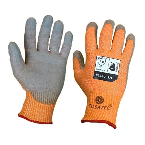 Tilsatec® TTP065PU9 Cut Resistant Gloves, Large, Polyurethane Coating, Polyethylene Blend, Elastic Knit Cuff, ANSI Cut-Resistance Level: A8, ANSI Puncture-Resistance Level: 4, Left and Right Hand, Hi-Viz Orange