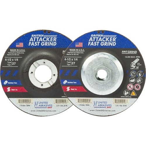 UA® Saitech™ 20146 Depressed Center Wheel, 4-1/2 in Wheel Dia, 1/4 in Wheel Thickness, 5/8-11 in Center Hole, 24 Grit, Aluminum Oxide Abrasive