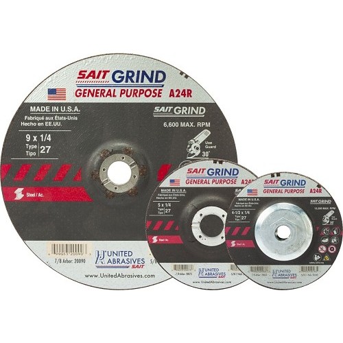 UA® SAIT® 20163 Depressed Center Wheel, 4-1/2 in Wheel Dia, 1/4 in Wheel Thickness, 5/8-11 in Center Hole, 24 Grit, Aluminum Oxide Abrasive