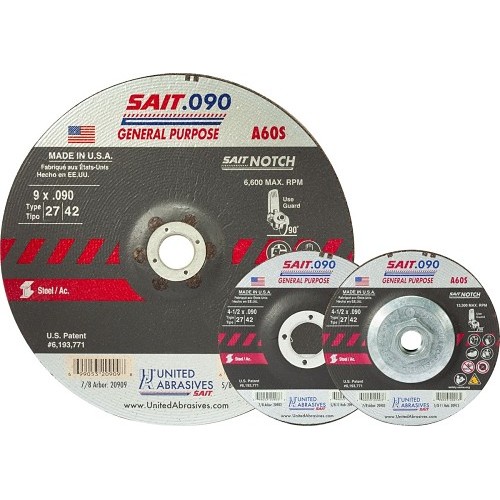 UA® SAIT® 20913 Depressed Center Wheel, 4-1/2 in Wheel Dia, 0.09 in Wheel Thickness, 5/8-11 in Center Hole, 60 Grit, Aluminum Oxide Abrasive