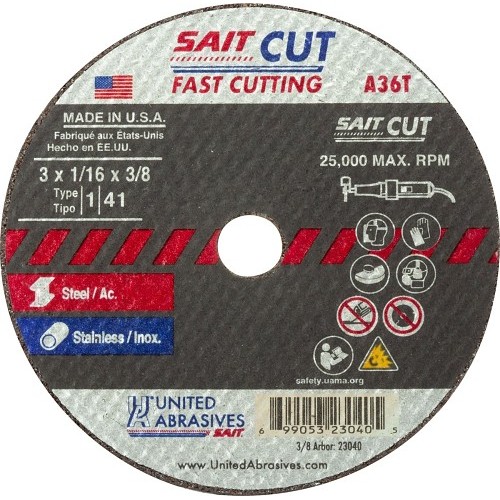 UA® SAIT® 23050 Cut-Off Wheel, 3 in Wheel Dia, 0.035 in Wheel Thickness, 3/8 in Center Hole, 36 Grit, Aluminum Oxide Abrasive