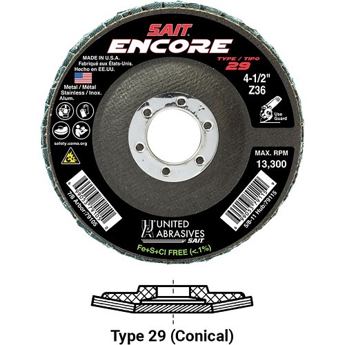 UA® SAIT® 71248 Coated Abrasive Flap Disc, 6 in Disc Dia, 7/8 in Center Hole, 60 Grit, Zirconia Abrasive, Type 29 Disc