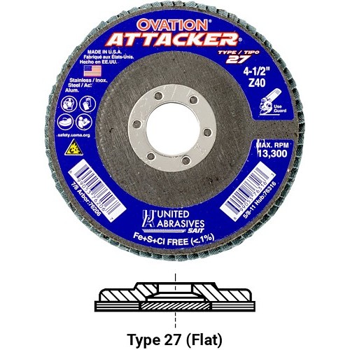 UA® SAIT® 76208 Coated Abrasive Flap Disc, 4-1/2 in Disc Dia, 7/8 in Center Hole, 60 Grit, Coarse Grade, Zirconium Abrasive, Type 27 Flat Disc