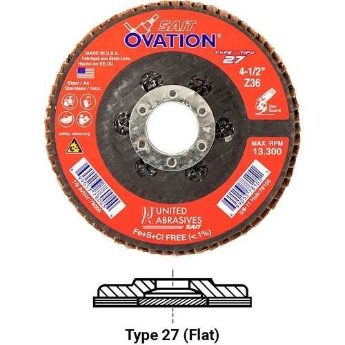 UA® SAIT® 78008 Coated Abrasive Flap Disc, 4-1/2 in Disc Dia, 7/8 in Center Hole, 60 Grit, Coarse Grade, Zirconium Abrasive, Type 27 Flat Disc