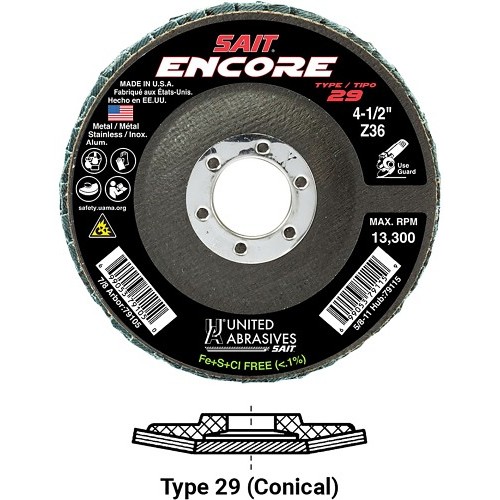 UA® SAIT® 79118 Coated Abrasive Flap Disc, 4-1/2 in Disc Dia, 5/8-11 in Center Hole, 60 Grit, Medium Grade, Zirconia Abrasive, Type 29 Disc