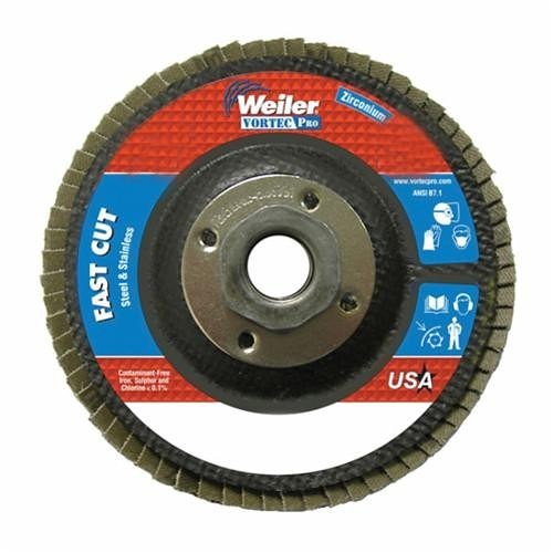 Vortec Pro® Wolverine™ 31343 Fast Cut Coated Abrasive Flap Disc, 4-1/2 in Dia Disc, 7/8 in Center Hole, 36 Grit, Very Coarse Grade, Zirconia Alumina Abrasive, Type 29/Angled Disc