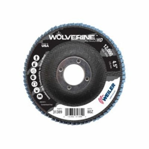 Vortec Pro® Wolverine™ 31389 Fast Cut High Density Coated Abrasive Flap Disc, 4-1/2 in Dia Disc, 7/8 in Center Hole, 80 Grit, Medium Grade, Zirconia Alumina Abrasive, Type 27 Flat Disc