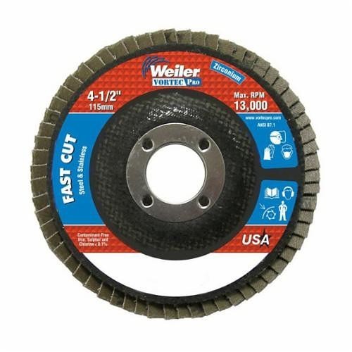 Vortec Pro® Wolverine™ 31404 Fast Cut Coated Abrasive Flap Disc, 4-1/2 in Dia Disc, 7/8 in Center Hole, 80 Grit, Medium Grade, Zirconia Alumina Abrasive, Type 27 Flat Disc